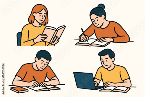 Diverse group of young people engaged in studying and learning activities with books and laptop