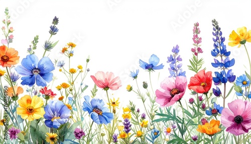 Watercolor floral border with summer flowers on white, use for invitation background