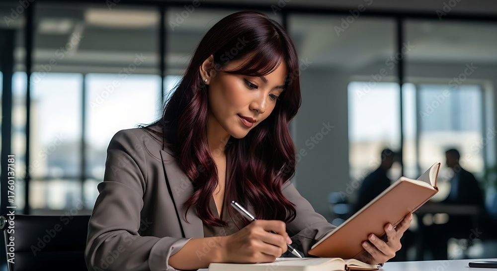 Obraz premium A professional Asian businesswoman writing notes in a journal at her desk in a modern office.