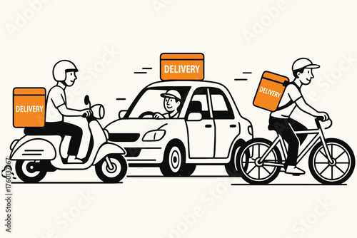 Diverse delivery services scooter car and bicycle couriers transporting packages