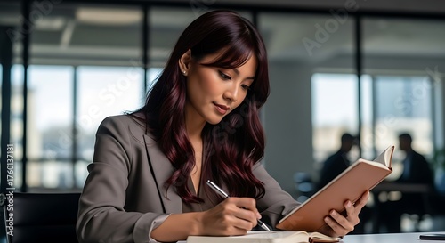 Wallpaper Mural A professional Asian businesswoman writing notes in a journal at her desk in a modern office. Torontodigital.ca