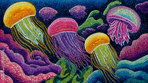 Vibrant underwater illustration of glowing jellyfish in a colorful abstract style with dotted textures. Perfect for ocean-themed designs, prints, posters, and modern digital art projects.
