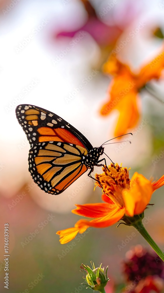 Fototapeta premium Monarch butterfly delicately perched on a vibrant orange flower