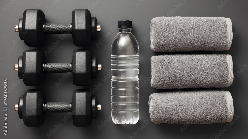 Obraz premium Fitness Equipment Arrangement with Black Dumbbells, Water Bottle, and Gray Towels on a Dark Surface for Workout Inspiration and Gym Motivation