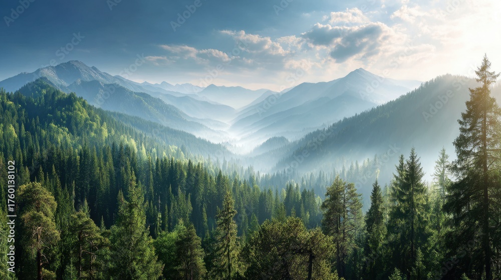 Fototapeta premium Serene Mountain Landscape with Lush Green Forest and Misty Valleys under a Bright Blue Sky and Soft Sunlight in a Peaceful Natural Setting