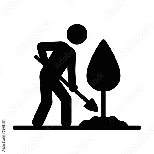 Minimalistic black-and-white pictogram of a person planting a small tree, clean vector lines, white background, flat modern design.