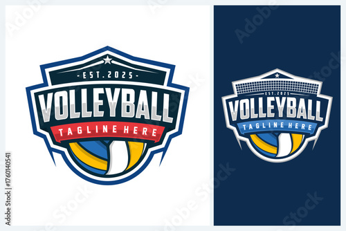 Volleyball logo badge design vector, volleyball team emblem logo design vector illustration template, volleyball tournament logo concepts with ball and stars