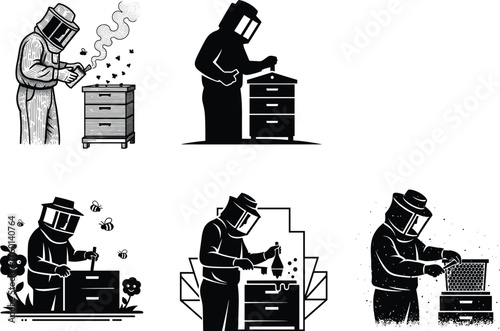 Beekeeping vector illustration set showing protective gear, honey harvesting, hive inspection, garden bees, and traditional apiary work in black and white.