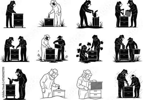 Beekeeping vector set showing hive inspection, honeycomb handling, teamwork, protective suits, bee care, and rural apiary scenes in black-and-white
