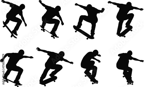 Collection of skateboarder silhouette vector illustrations performing jump tricks and flips in action for urban street extreme sports design.
