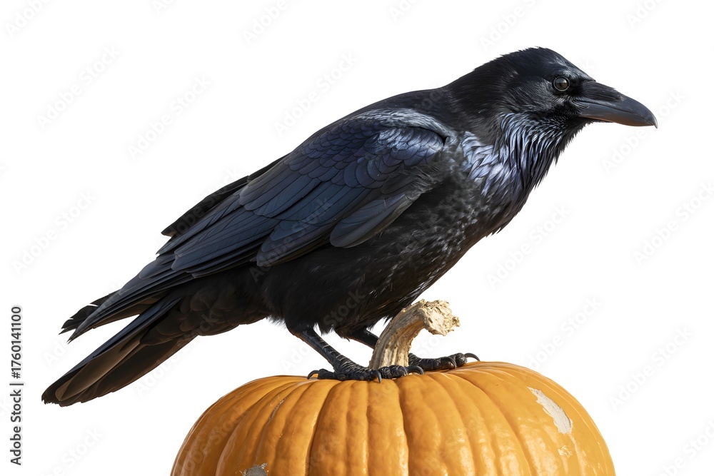 Fototapeta premium Majestic raven perched confidently atop vibrant pumpkin, creating perfect autumn Halloween mood and feelings