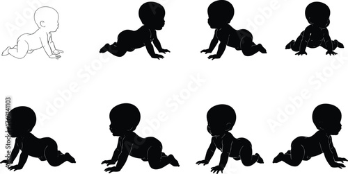 Crawling baby silhouette sequence showing infant movement stages, ideal for animation, child development, parenting, motion study, and educational design