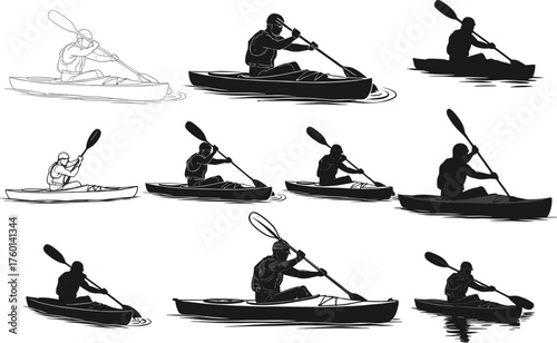Dynamic kayaking vector set featuring ten unique paddling poses, perfect for outdoor sports, water activity design, and adventure illustrations.Dynamic 