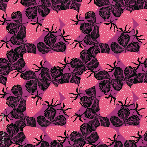 Seamless pattern with strawberry on color background. Natural delicious fresh ripe tasty fruit. Vector illustration for print, fabric, textile, banner, other design. Food concept.