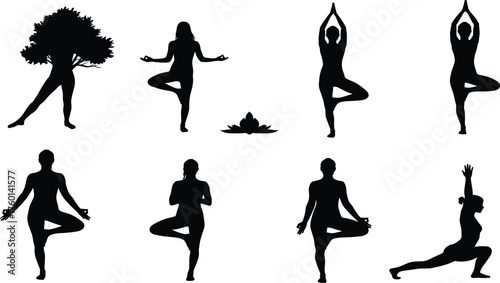 Eight Yoga Pose Silhouettes with Tree and Lotus Elements in Black Vector Style for Wellness, Meditation, Fitness, and Mindful Design ThemesEight Yoga Pose Silhouettes with Tree and Lotus Elements 