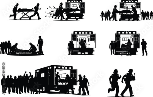 Emergency Ambulance Silhouette Vector Set with Paramedics, Patient Rescue, Crowd Scene, Medical Treatment, Urgent Response, Black and White Illustration