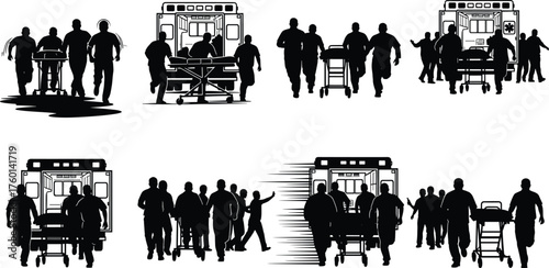 Emergency Ambulance Silhouette Vector Set with Paramedics, Stretchers, Patient Rescue, Urgent Medical Response, Black and White Healthcare Illustration