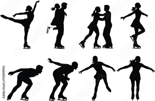 Figure Skating Silhouettes of Solo and Pair Performers in Dynamic Poses, Ice Dance Movements, Athletic Balance, and Graceful Winter Sport Art