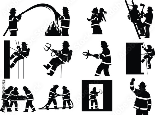 Firefighter rescue silhouettes showing emergency response, teamwork, bravery, fire safety, building evacuation, stretcher carry, ladder climb, and heroic actions