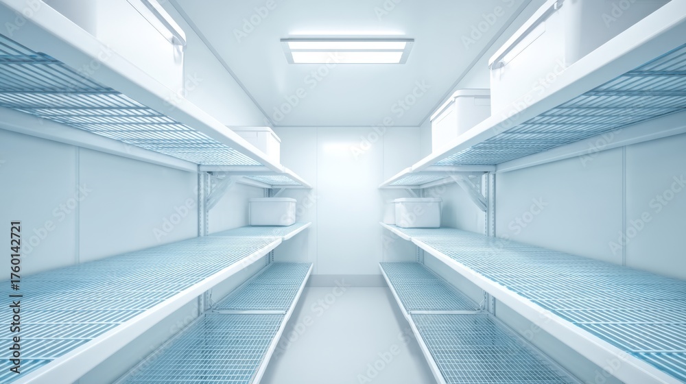 Obraz premium Spacious and Minimalistic Interior of a Modern Refrigeration Unit Featuring Shelves and Bright Lighting for Optimal Storage and Easy Accessibility