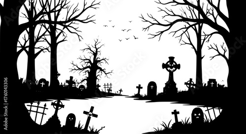Sketch Scary forest or cemetery silhouettes isolated