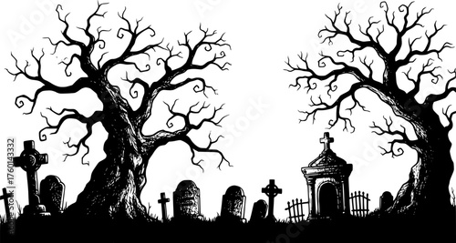 Sketch Scary forest or cemetery silhouettes isolated