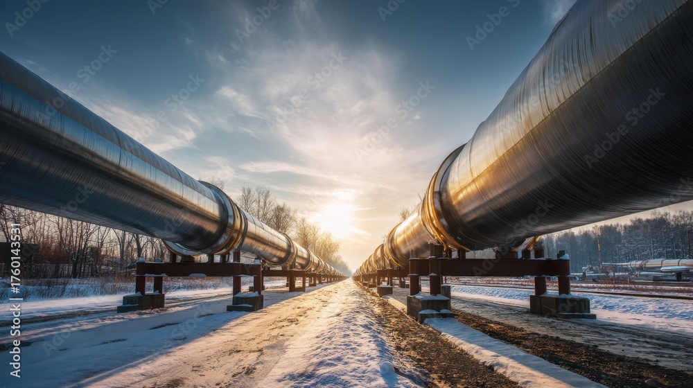 Naklejka premium Sunset over industrial pipeline structures in winter landscape showcasing metal tubes and snowy ground under dramatic sky with clouds