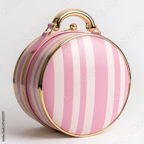 Pink striped vanity case w/gold trim against white backdrop for cosmetic or travel use