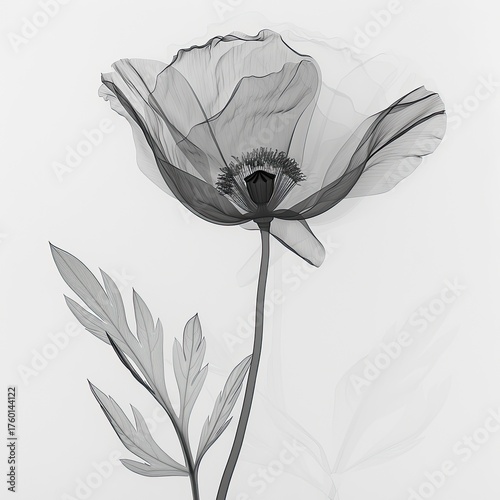Poppy Flower X-Ray Close-Up on White Background; Medical Illustration, Floral Design