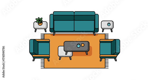 living room layout illustration displaying modern furniture and design creating a comfortable and stylish interior space for interior design marketing