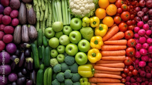 Vibrant Arrangement of Fresh Vegetables and Fruits Displayed in a Rainbow Pattern Showcasing Varied Colors and Textures for Healthy Food Enthusiasts