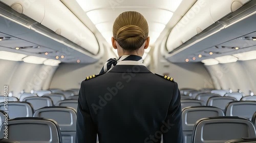 Rear view of a flight attendant in uniform, standing in an airplane aisle, facing forward.