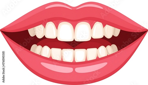 A cartoon illustration of wide open, smiling lips revealing white teeth