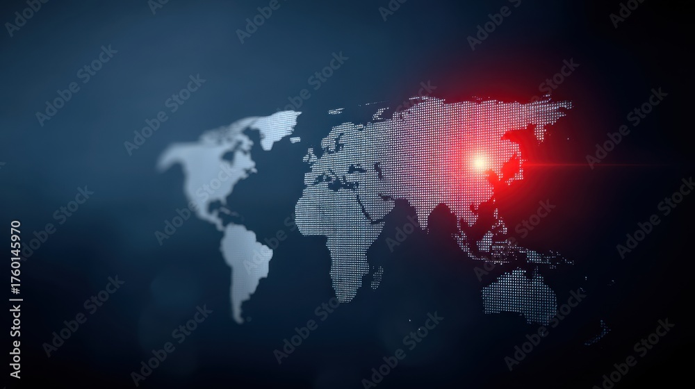 Obraz premium Global Map With Red Alert Warning Light Indicating Critical Information Area