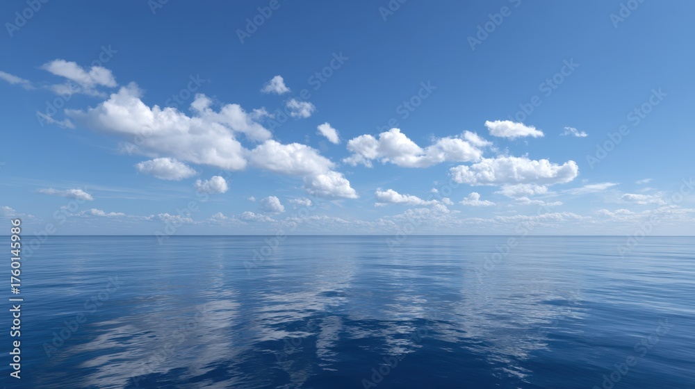 Fototapeta premium Serene Reflections of Sky and Clouds in Calm Ocean Waters Under Bright Blue Atmosphere