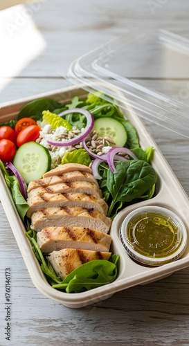A plastic container filled with a salad of grilled chicken, mixed greens, cherry tomatoes, cucumbers, red onions, and a side of dressing, all placed on a white wooden table with a wooden background.