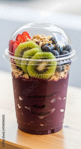 Acai bowl with a variety of fruits and granola, topped with kiwi slices and blueberries, served in a clear plastic cup with a dome lid.