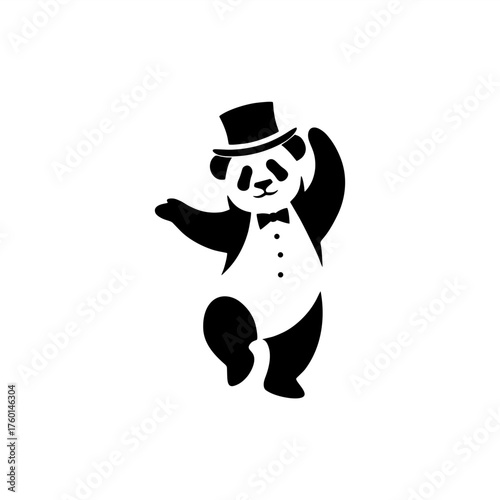 simple negative space of panda wearing suit and top hat 