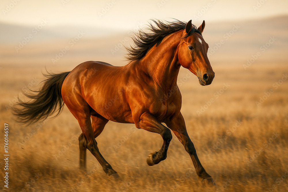 Obraz premium Majestic Brown Stallion Galloping Across Golden Field at Sunset