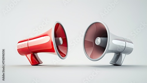 Two megaphones face each other, isolated against plain background for announcement