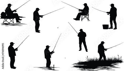 Fishermen silhouette vector set showing people fishing with rods, relaxing near lake or river, outdoor hobby recreation illustration design.