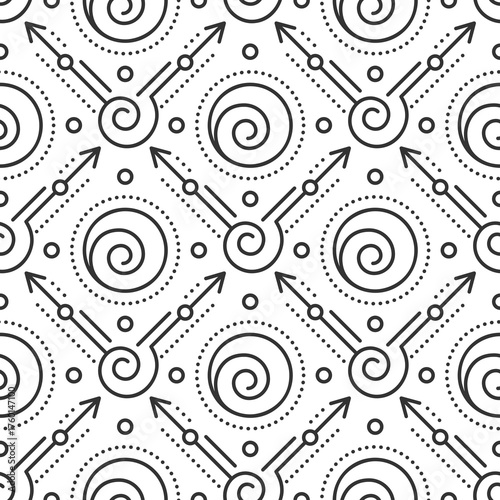 Elegant seamless pattern with dots, line ornate, decorative shapes, swirl motifs, repeating elegant monochrome geometric outlines. Luxury background for wallpaper, textile, branding and packaging