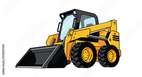 Modern yellow skid steer loader design with black tires for construction and landscaping projects, perfect for vector designs and equipment visuals