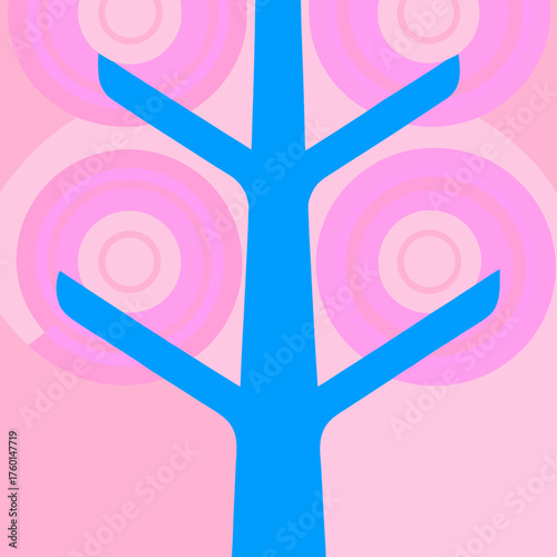 Stylized blue tree with pink blossom flowers abstract illustration art