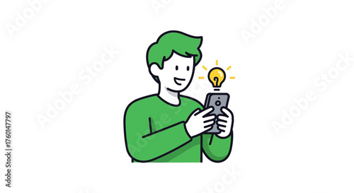 Man using smartphone idea lightbulb above mobile device concept of innovation creativity for tech blog app design and digital solutions