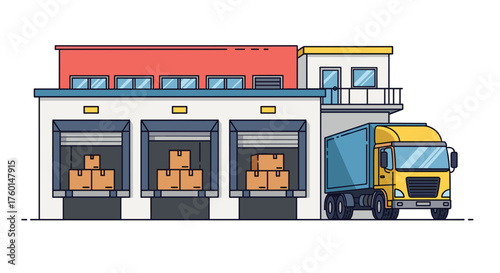 Efficient logistics solution showing delivery truck loading goods at modern warehouse, perfect for supply chain and distribution marketing materials
