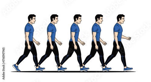 Man in motion showing walking sequence, athletic figure in blue shirt and black leggings steps forward for fitness or gait analysis, isolated on white