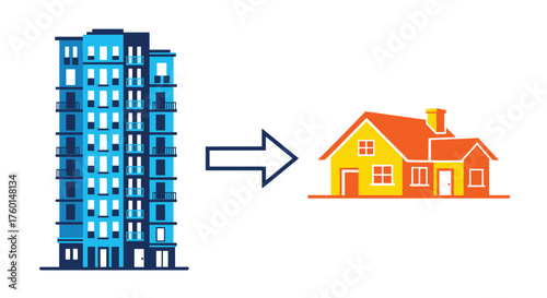 From city living to suburban dreams, find your perfect home with this vibrant building to house moving concept, perfect for illustrating lifestyle changes