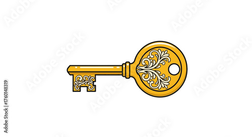Ornate gold key with elaborate floral design opening opportunities conveying vintage charm and security for historical illustration purposes.