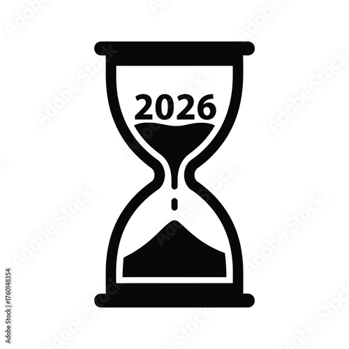 Black and white icon of an hourglass with the year 2026 displayed inside
